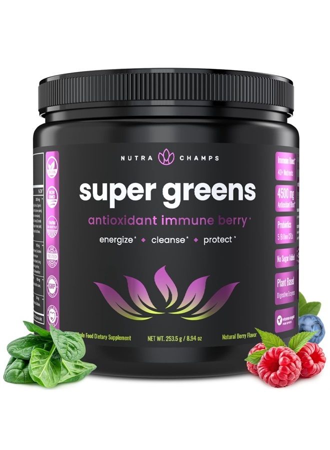 Super Greens Powder Premium Antioxidant Superfood | Organic Greens Fruit and Veggie Vegan Supplement | 40+ Greens and Superfoods Including Wheatgrass & Spirulina | Probiotic Powder Greens, Sweet Berry