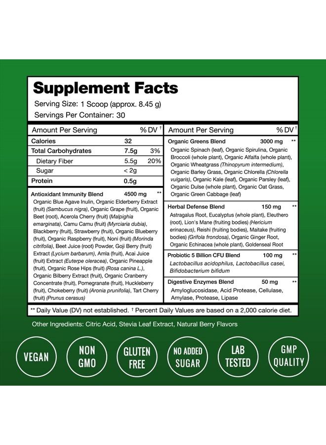 Super Greens Powder Premium Antioxidant Superfood | Organic Greens Fruit and Veggie Vegan Supplement | 40+ Greens and Superfoods Including Wheatgrass & Spirulina | Probiotic Powder Greens, Sweet Berry