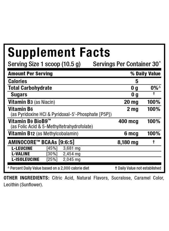 AMINOCORE BCAA Powder, 8.18 Grams of Amino Acids, Intra and Post Workout Recovery Drink, Gluten Free (Sweet Tea, 315 Grams)
