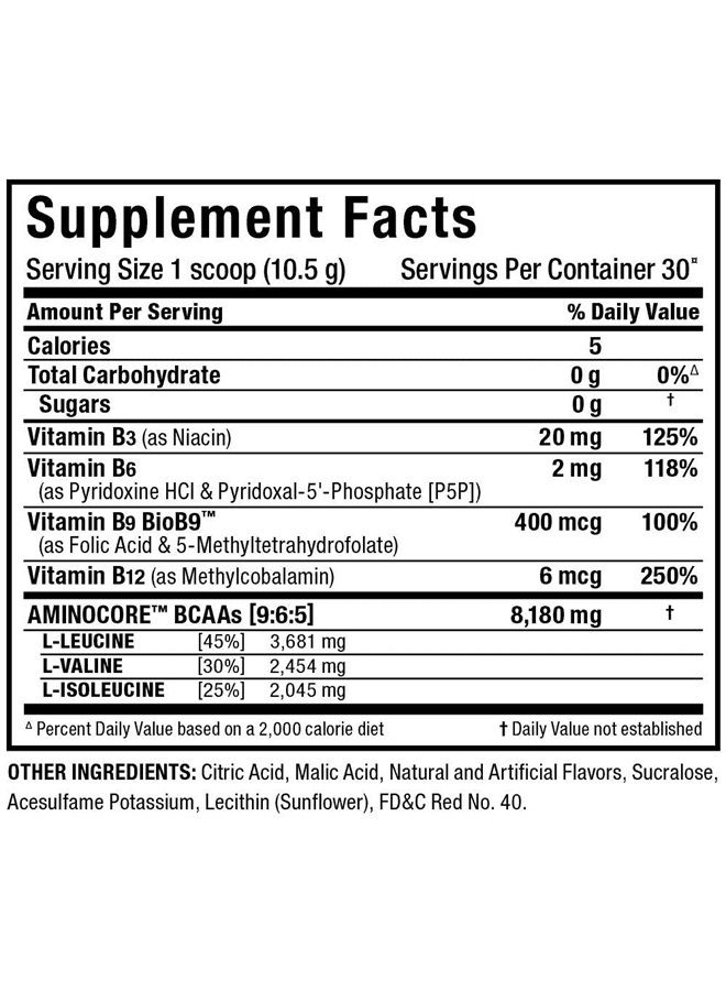 AMINOCORE BCAA Powder, 8.18 Grams of Amino Acids, Intra and Post Workout Recovery Drink, Gluten Free, Fruit Punch, 315 g