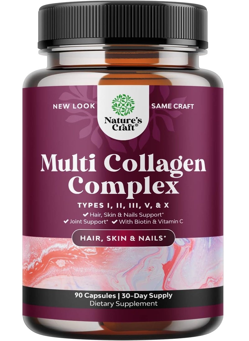 Advanced Multi Collagen Complex - Biotin and Collagen Supplement for Men and Women with BioPerine and Vitamin C - Type 1 2 3 5 & X Collagen Pills for Bone and Joint Support Hair Skin and Nails