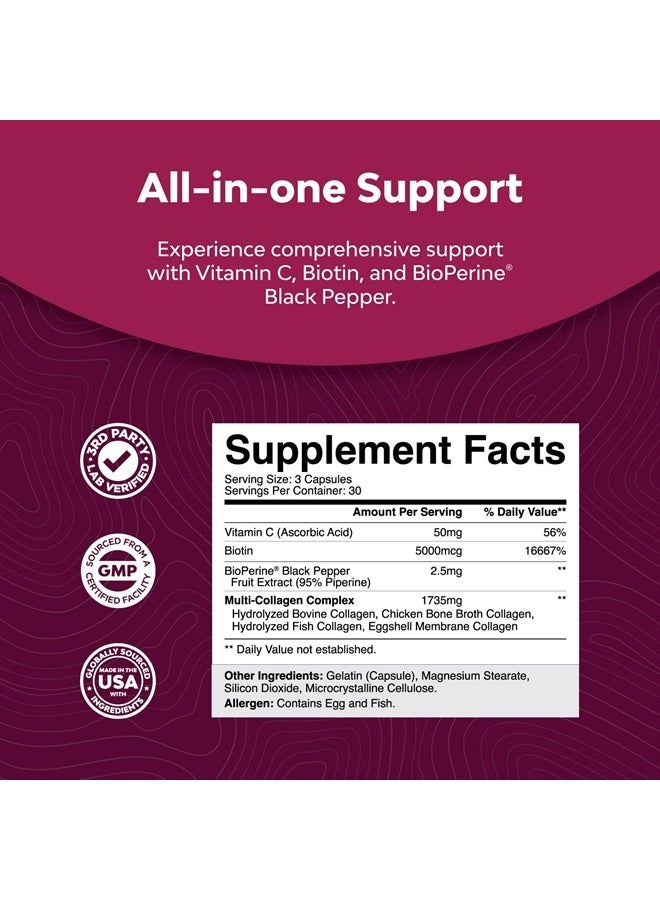 Advanced Multi Collagen Complex - Biotin and Collagen Supplement for Men and Women with BioPerine and Vitamin C - Type 1 2 3 5 & X Collagen Pills for Bone and Joint Support Hair Skin and Nails