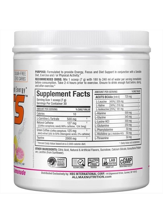 AMINOCUTS (ACUTS), Amino-Charged Energy Drink with Taurine, L-Carnitine, Green Coffee Bean Extract, Pink Lemonade, 30 Servings