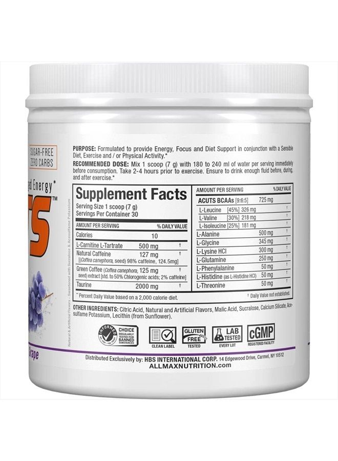 AMINOCUTS (ACUTS), Amino-Charged Energy Drink with Taurine, L-Carnitine, Green Coffee Bean Extract, Grape Escape, 30 Servings