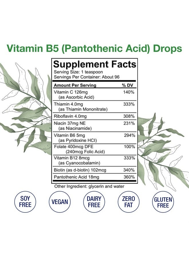 Vitamin B5 (Pantothenic Acid) Drops – Liquid Vitamin B5 to Maintain Healthy Hormones, Immune System Support & Healthy Hair, Skin, Nails – Vegan, Alcohol-Free Vitamin B Extract, 16 Fl Oz.