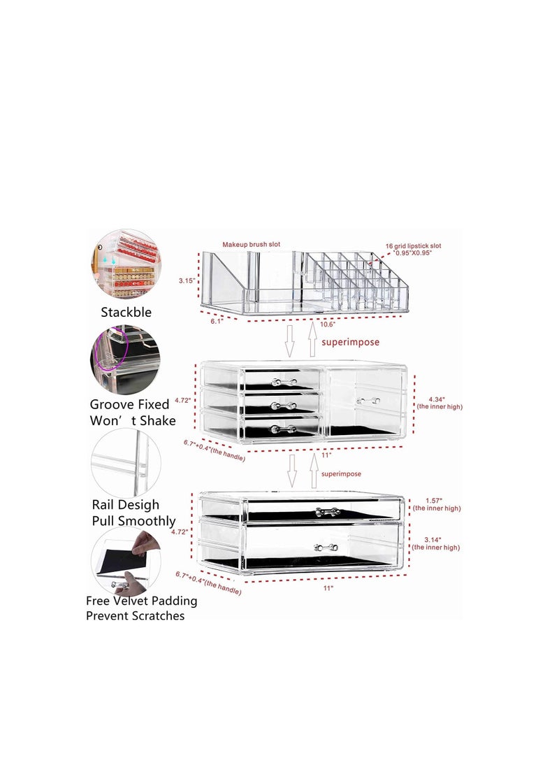 ORiTi Clear Makeup Organizer and Storage For Vanity,Large Acrylic Cosmetics Display Cases with Stackable Drawers For Bathroom Counter Dresser (Large-6 drawers With Tray Top)