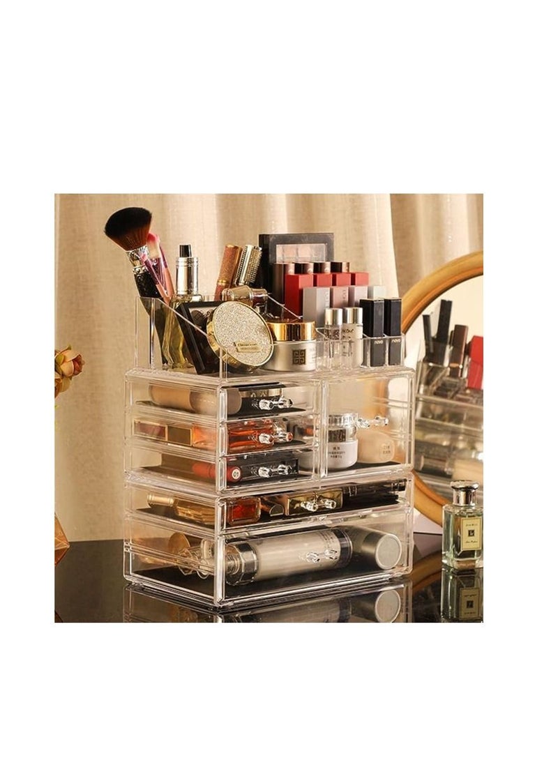 ORiTi Clear Makeup Organizer and Storage For Vanity,Large Acrylic Cosmetics Display Cases with Stackable Drawers For Bathroom Counter Dresser (Large-6 drawers With Tray Top)