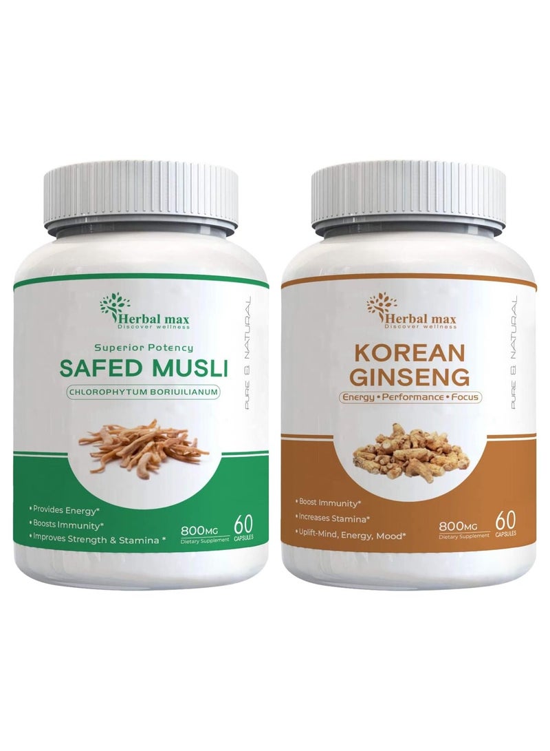 Herbal max Safed Musli Extract 800 mg 60 Capsule with Korean Ginseng Capsule combo