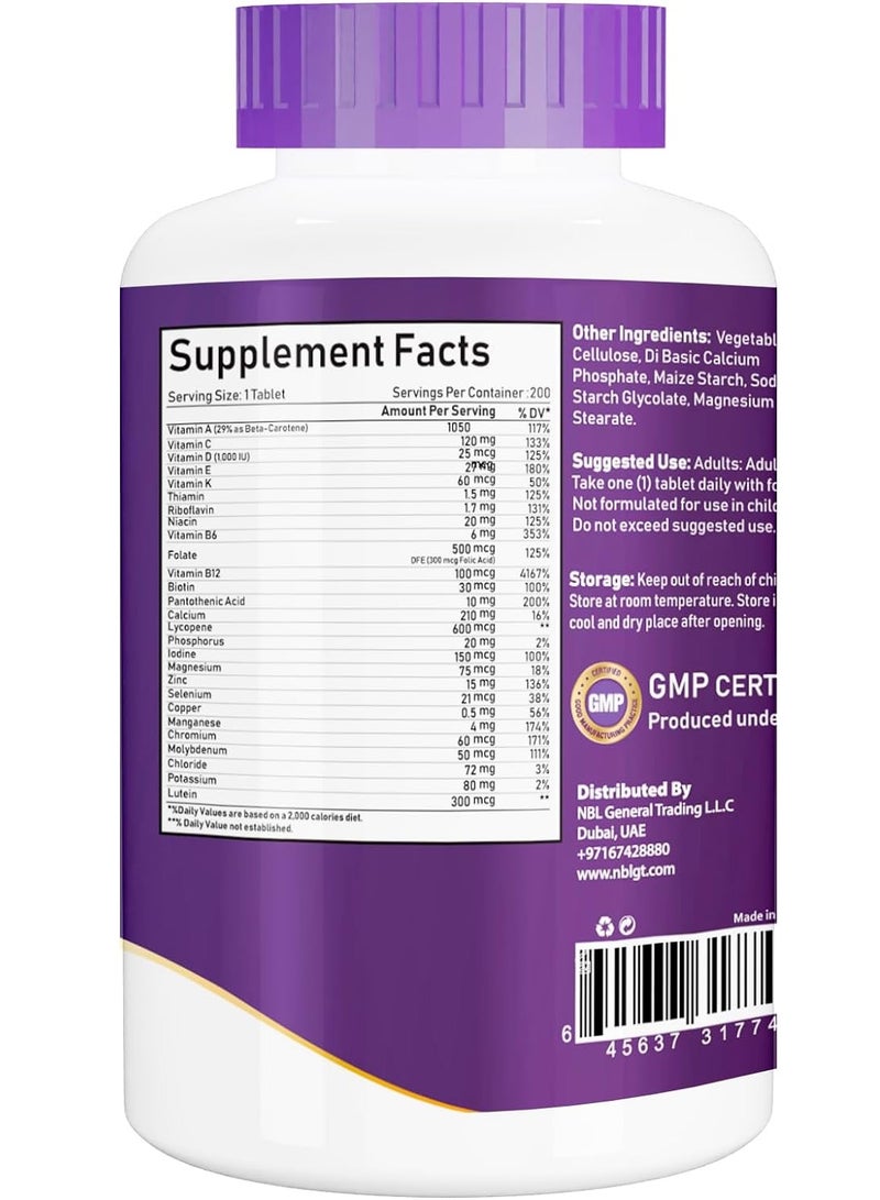 Multivitamin for Men 50 Plus, Multimineral Supplement, Vitamin D3, B-Vitamins and Zinc, Supports Memory and Cognition in Older Adults - 200 Tablets