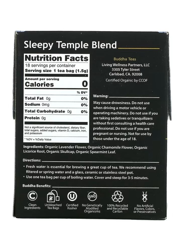 Buddha Teas, Organic Herbal Tea, Sleepy Temple Blend, 18 Tea Bags, 0.95 oz (27 g)