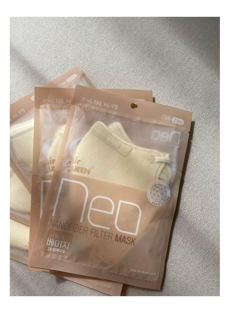 Air Queen NEO Nanofiber Filter Face Mask, Paper Light weight, 0.1µm Nanofiber Filter, Made in Korea (2masks/Sealed pack) x (5Packs) (Beige)