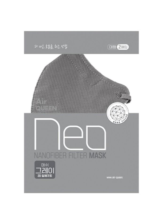 Air Queen NEO Nanofiber Filter Face Mask, Paper Light weight, 0.1µm Nanofiber Filter, Made in Korea (2masks/Sealed pack) x (5Packs) (Gray)