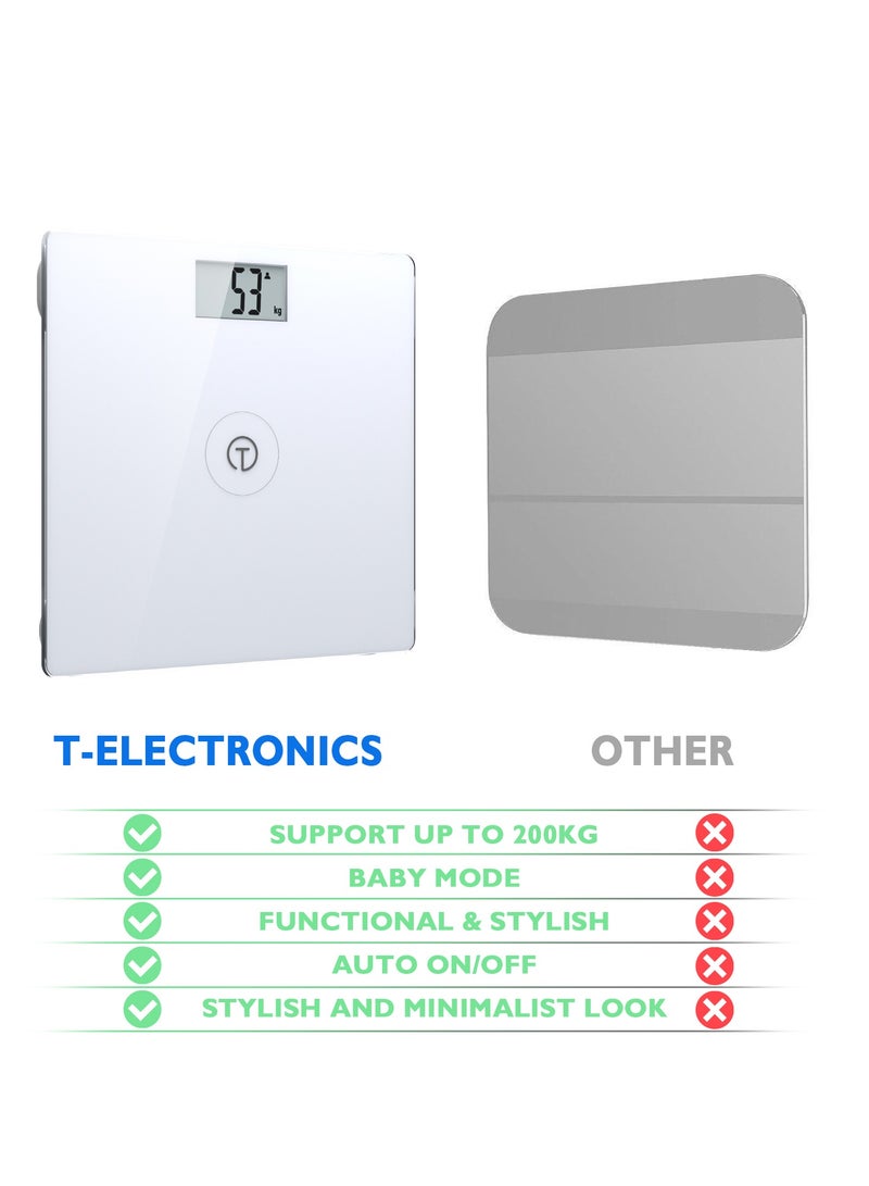 T Electronics Smart Digital Scale for Body Weight up to 200 Kg + New Baby Mode - Essential for Weight Loss - White