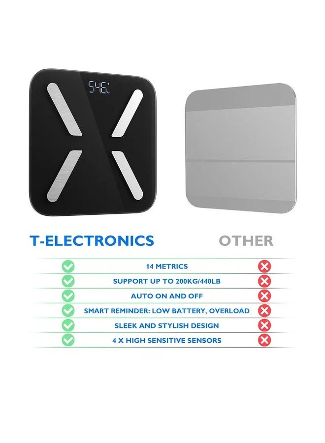 T Electronics - Smart  Body Weight Scale - Digital Scales for  bathroom use - 14 Different Parameters - 440lb - Black