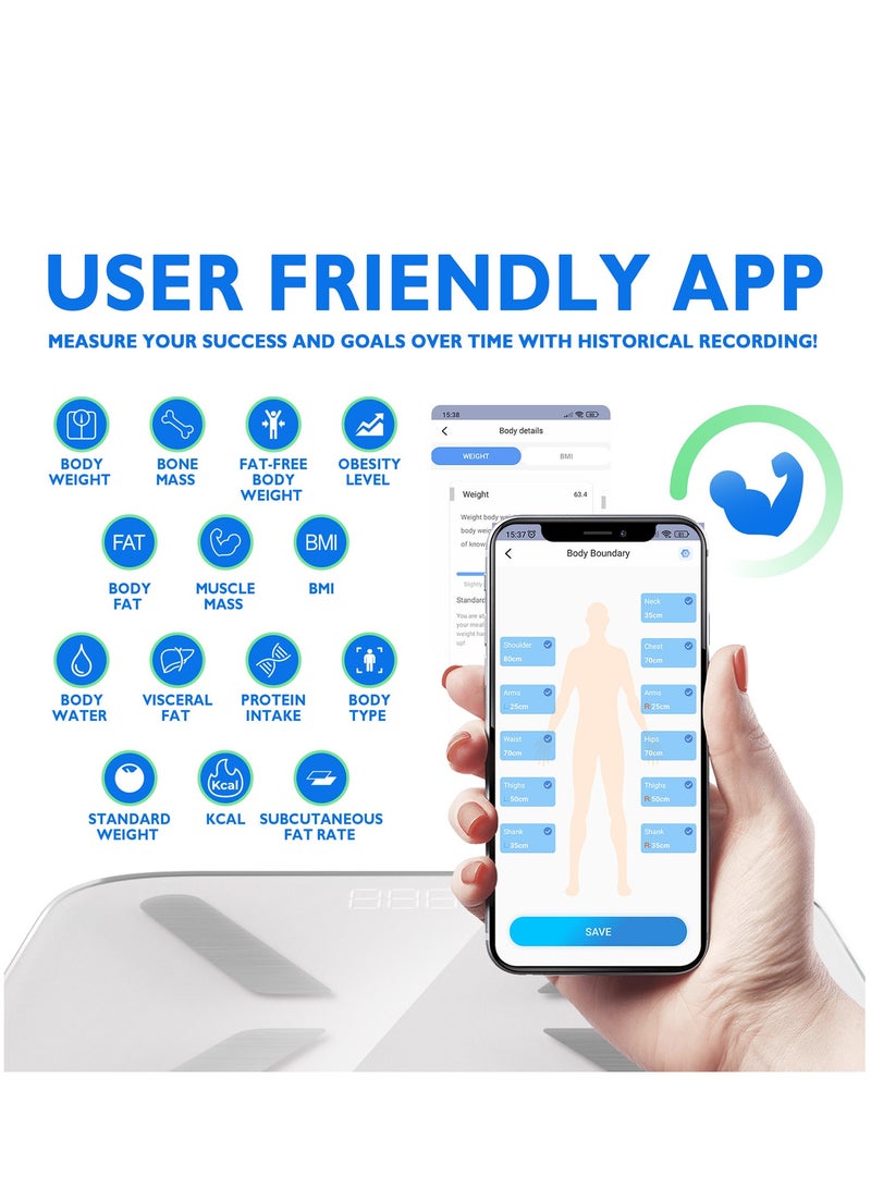 T Electronics - Smart  Body Weight Scale - Digital Scales for  bathroom use - 14 Different Parameters - 440lb - White