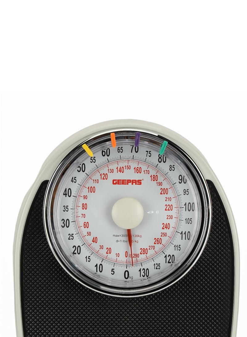 Geepas Mechanical Personal Scale-GBS46528 With Maximum Weight Capacity Of 136 Kg, Leatherwear Surface, Metal Material