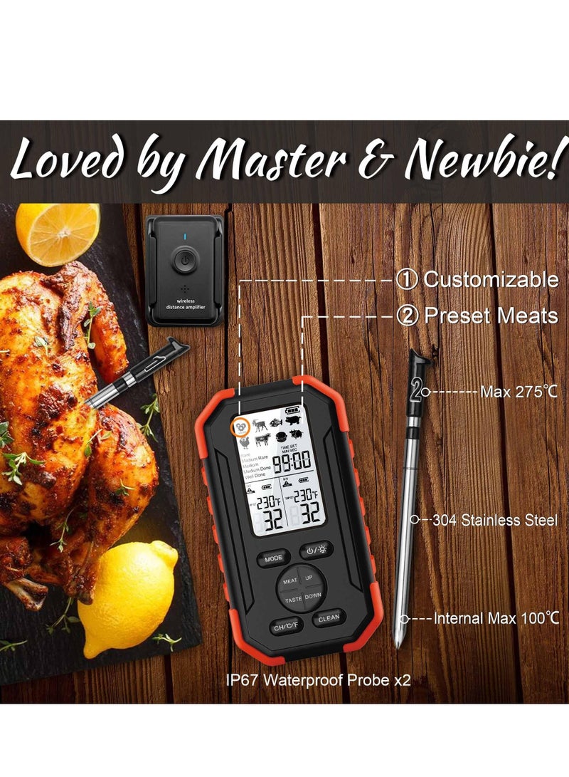 Wireless Meat Thermometer, with 2 Meat Probe Wireless Thermometer, 195ft Wireless Range Digital Thermometer for Cooking, with Smart Alert Function, for Grilling, Smoker, Rotisserie, BBQ Oven