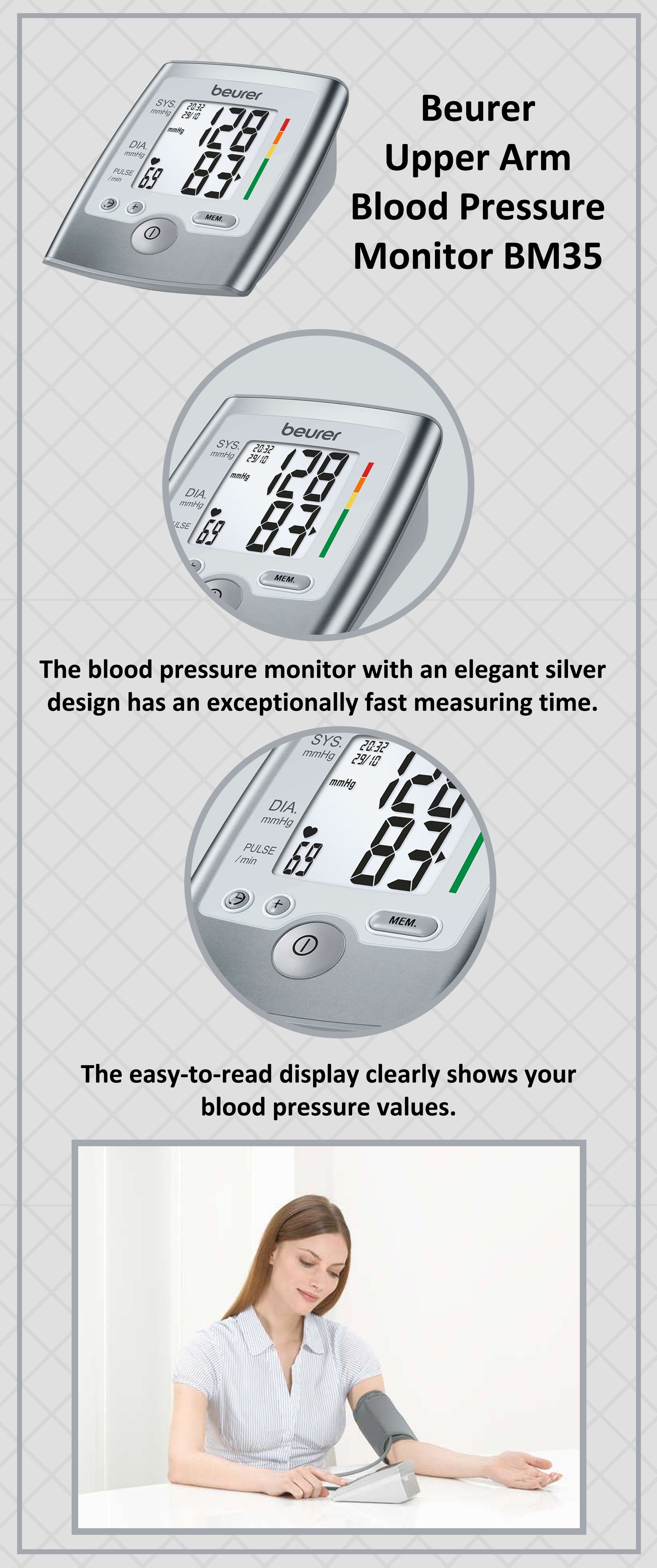 Beurer BM35: Compact, user-friendly blood pressure monitor with WHO classification.