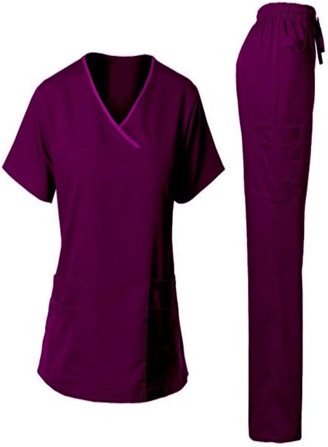 Purple Medical Scrubsuit Set Y-Neck 10 Pockets For Women