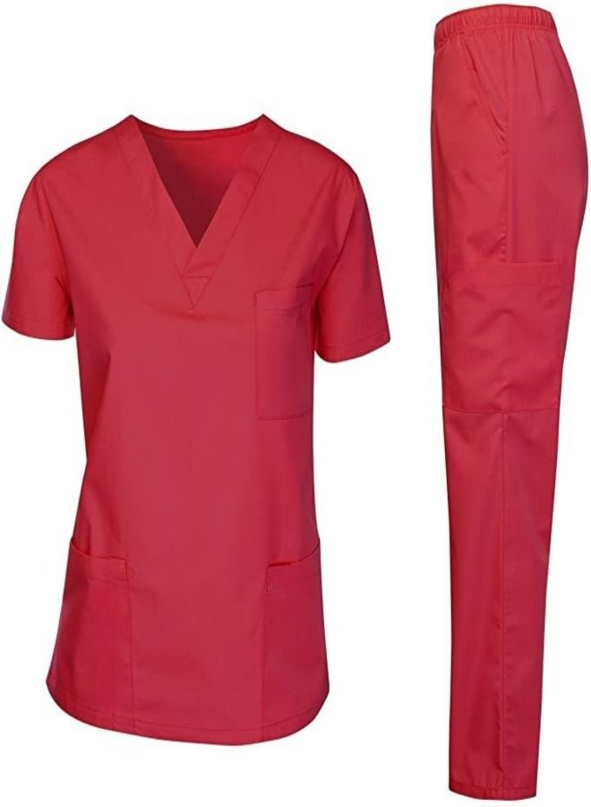 Red Medical Scrubsuit Set 7 Pockets For Women