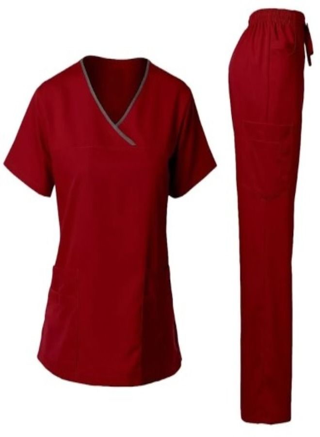 Maroon Medical Scrubsuit Set Y-Neck Piping 10 Pockets For Women