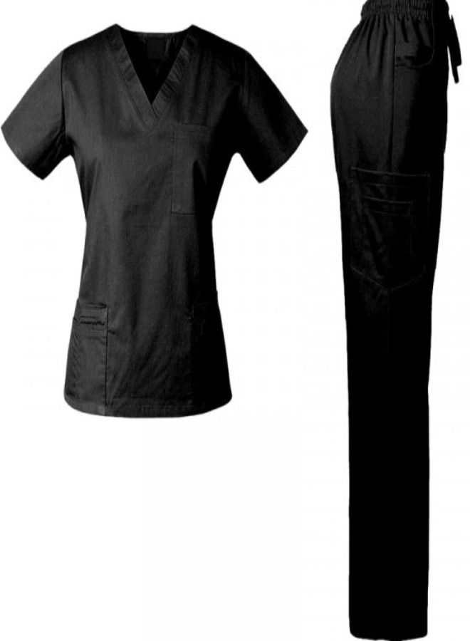 Black Medical Scrubsuit Set 11 Pockets For Women