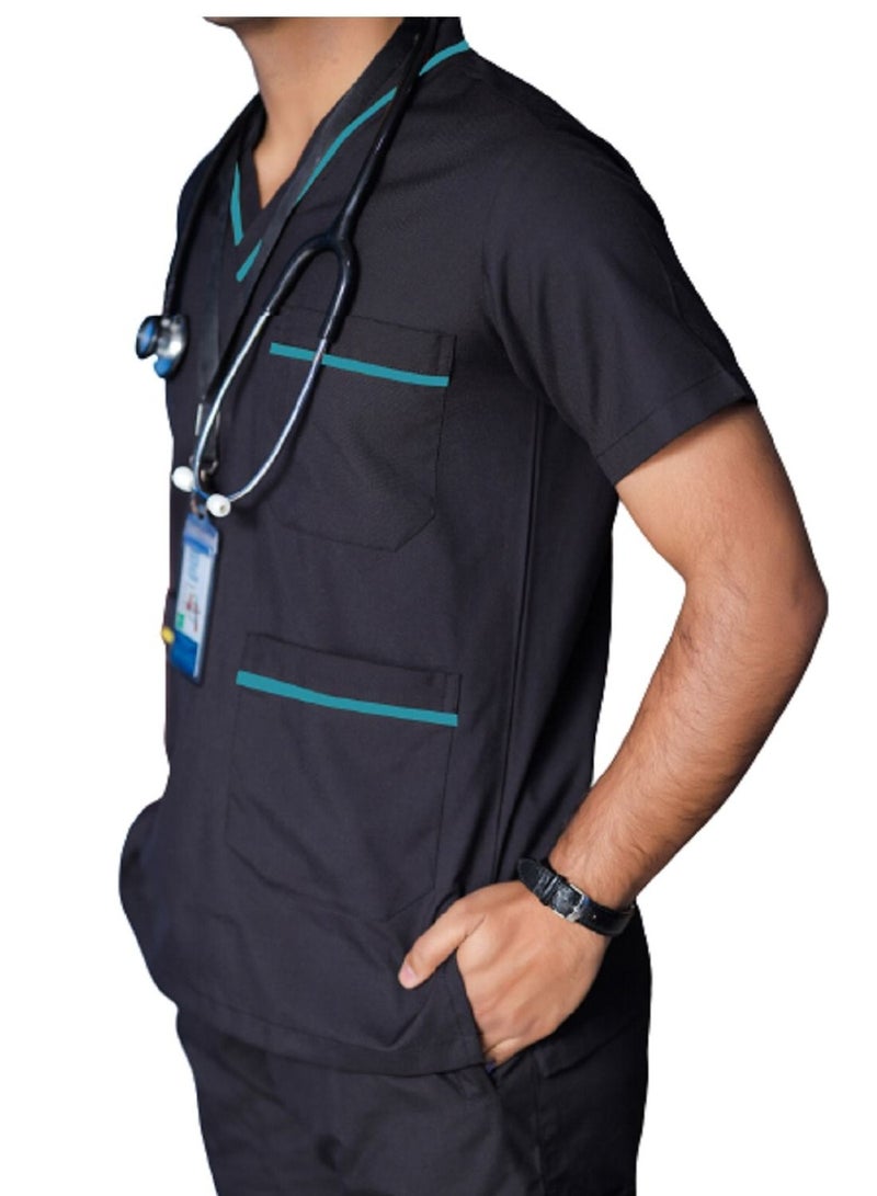 Medical Scrub Set | Unisex V Neck Dubai Style Scrub Suit With Turquoise Piping Top Overlap and Elasticated Drawstring Pant | Nursing Uniform Suit