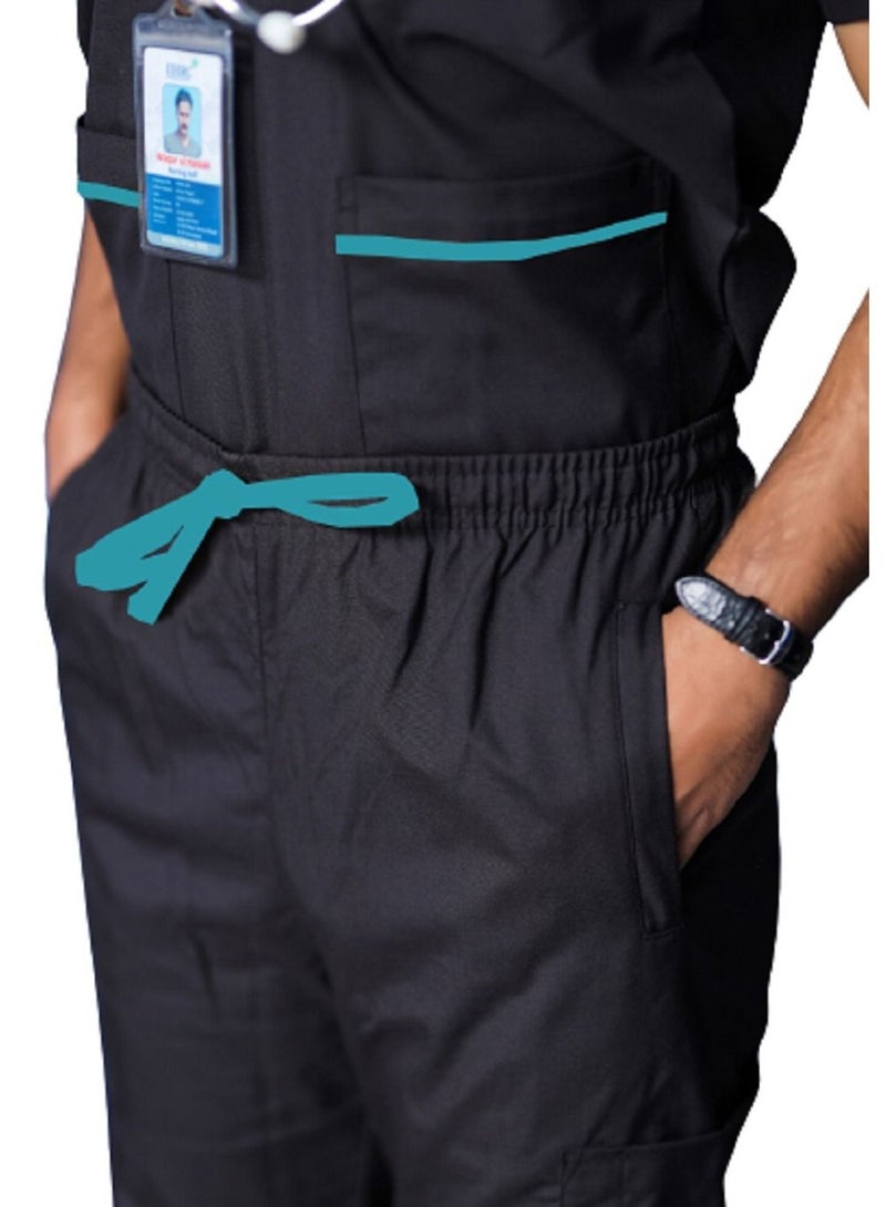 Medical Scrub Set | Unisex V Neck Dubai Style Scrub Suit With Turquoise Piping Top Overlap and Elasticated Drawstring Pant | Nursing Uniform Suit