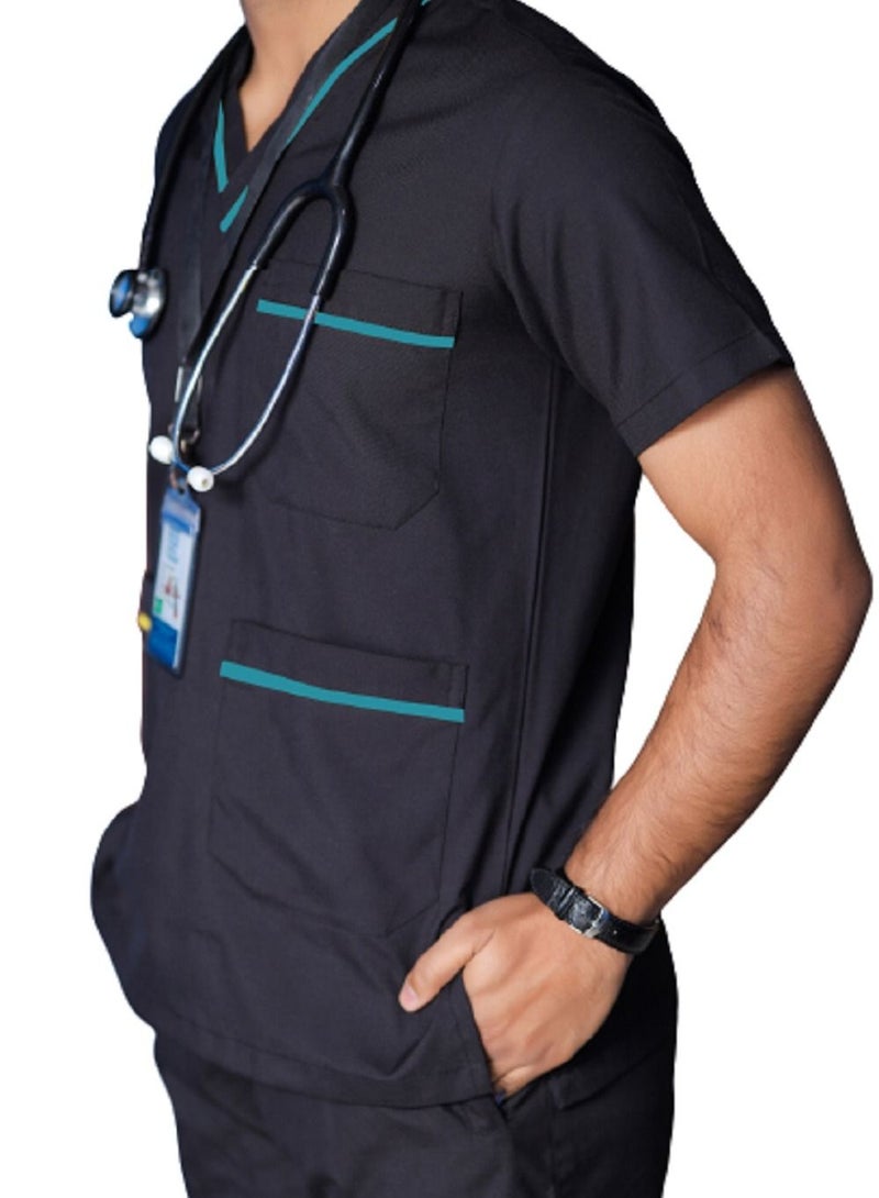 Medical Scrub Set | Unisex V Neck Dubai Style Scrub Suit With Turquoise Piping Top Overlap and Elasticated Drawstring Pant | Nursing Uniform Suit