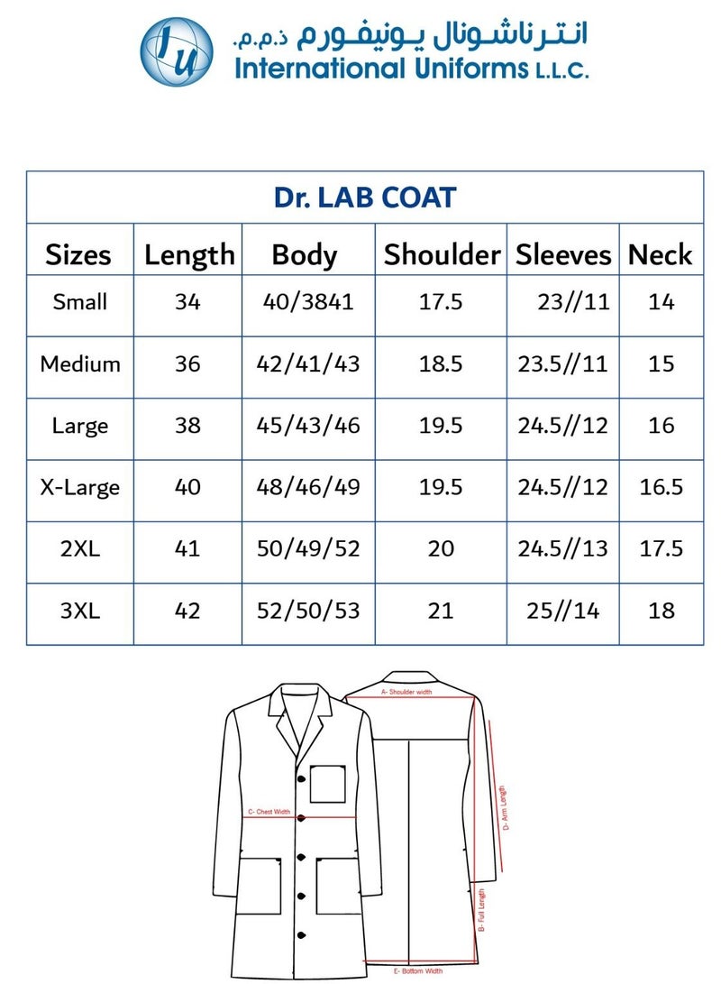 Professional Lab Coat for Unisex Full Sleeve Poly Cotton Long Medical Coat