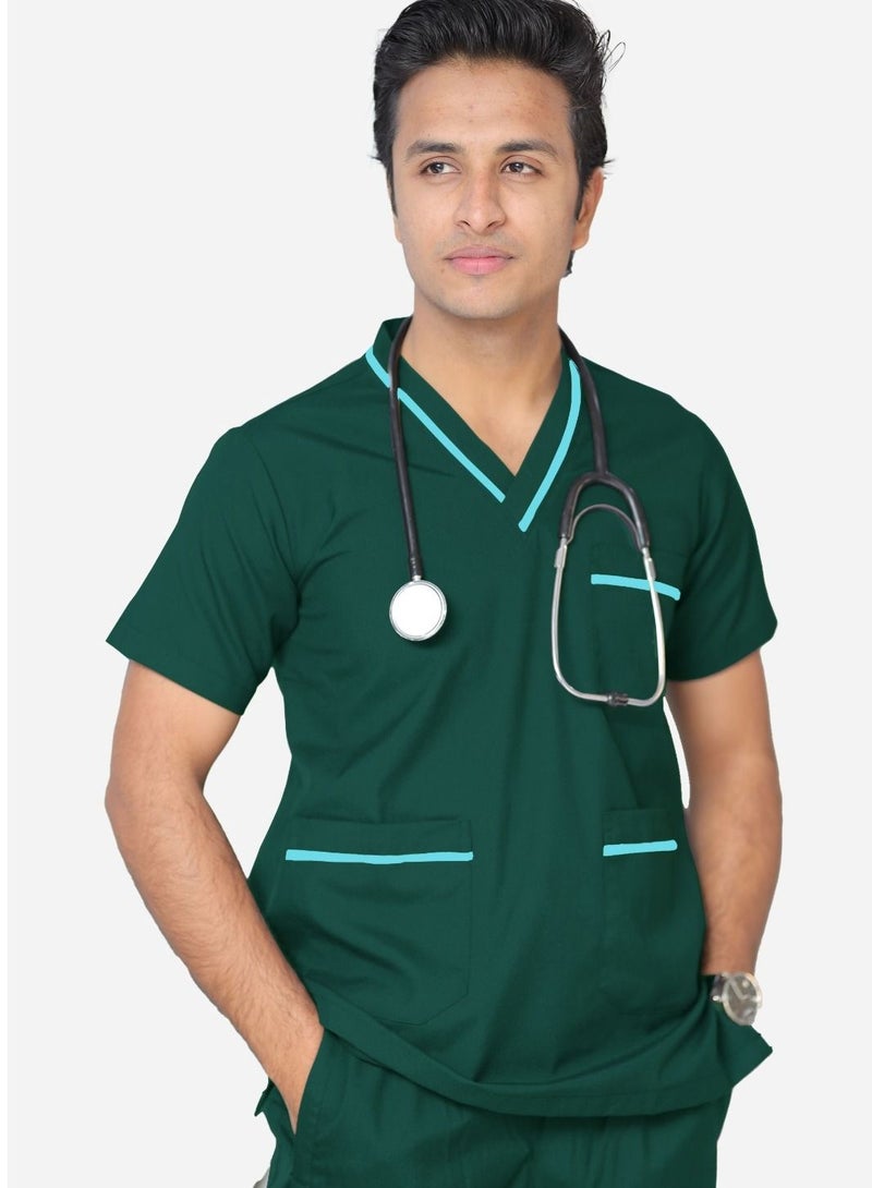 Medical Scrub Set | Unisex V Neck Dubai Style Scrub Suit With Turquoise Piping Top Overlap and Elasticated Drawstring Pant | Nursing Uniform Suit