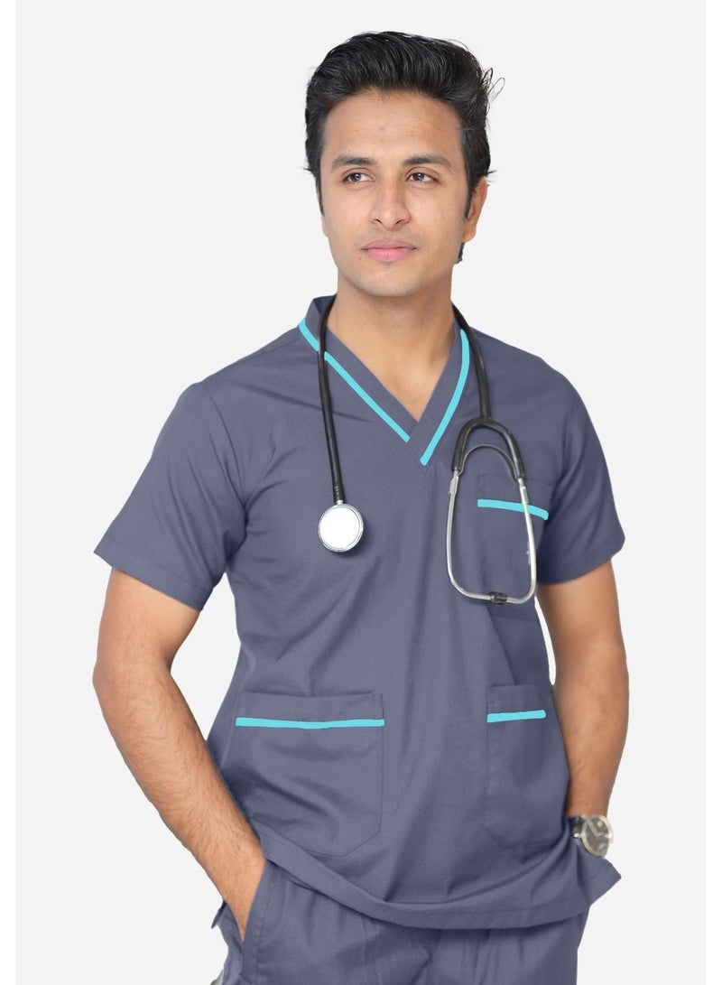 Medical Scrub Set | Unisex V Neck Dubai Style Scrub Suit With Turquoise Piping Top Overlap and Elasticated Drawstring Pant | Nursing Uniform Suit