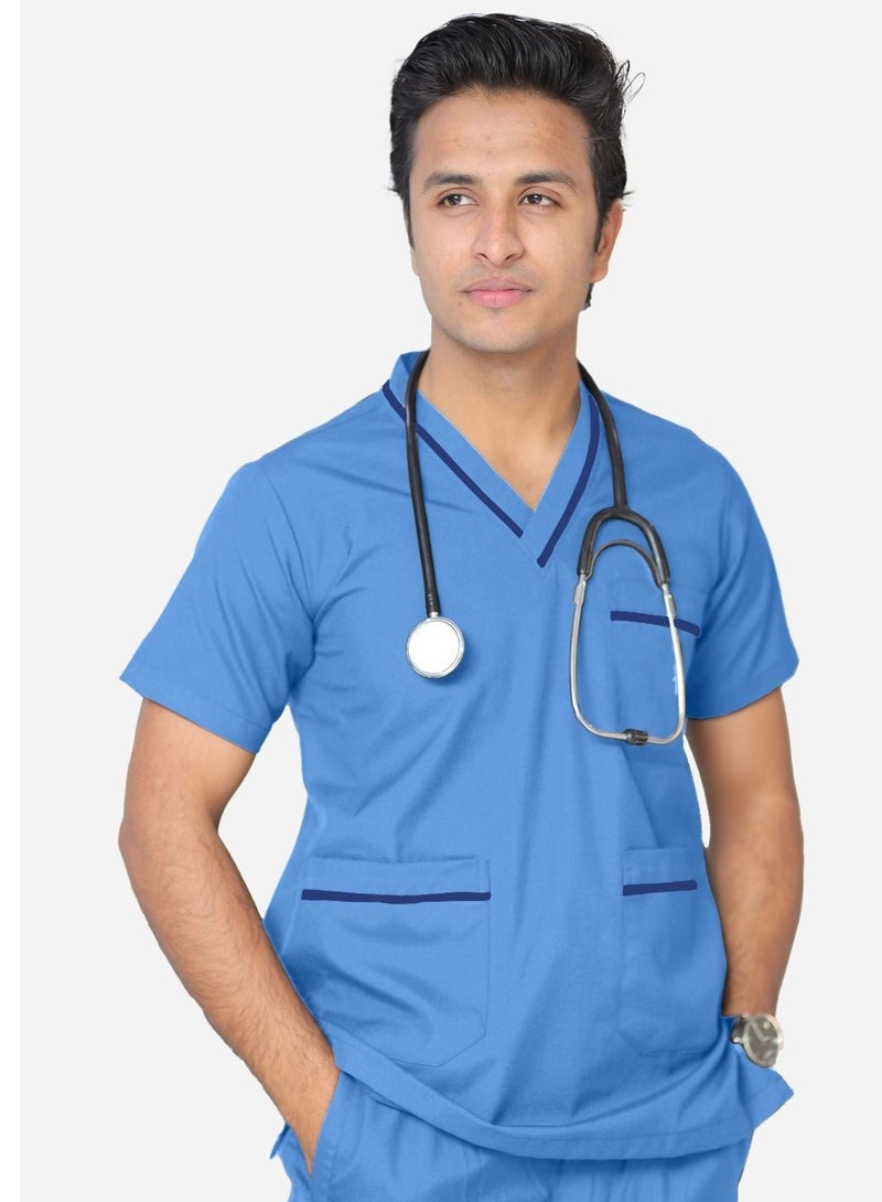 Medical Scrub Set | Unisex V Neck Dubai Style Scrub Suit With Turquoise Piping Top Overlap and Elasticated Drawstring Pant | Nursing Uniform Suit