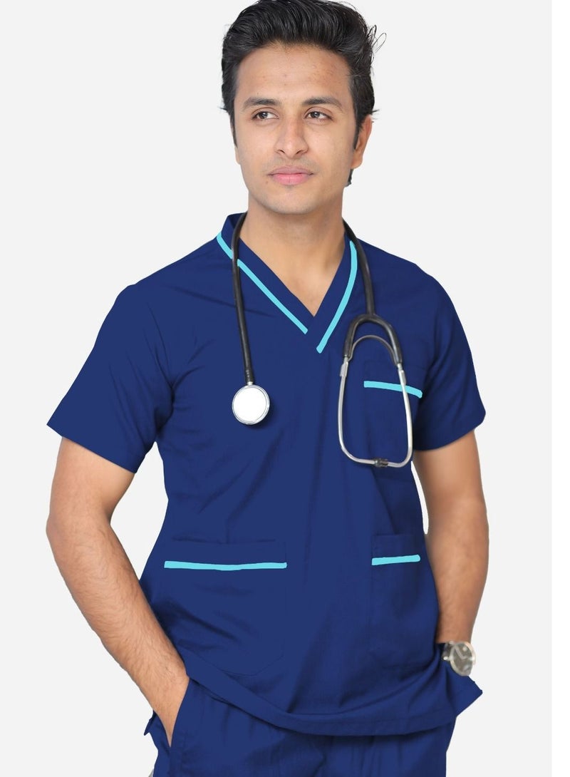 Medical Scrub Set | Unisex V Neck Dubai Style Scrub Suit With Turquoise Piping Top Overlap and Elasticated Drawstring Pant | Nursing Uniform Suit