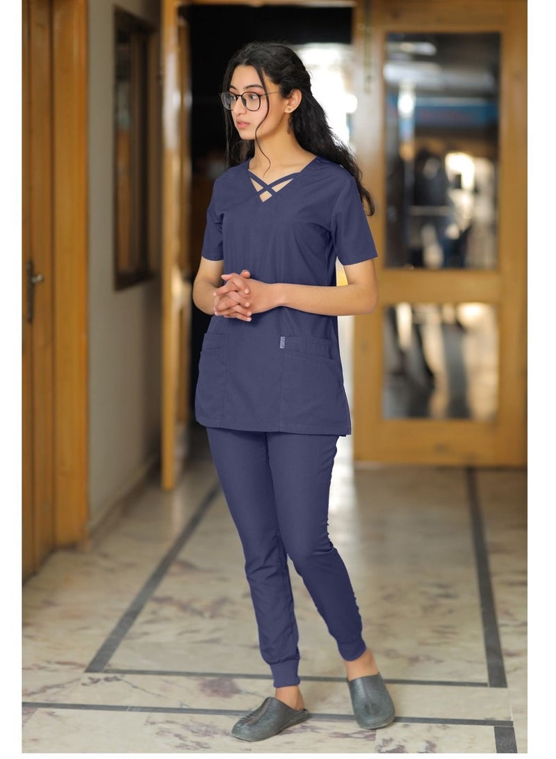 Cross London | medical scrub set | V-neck top overlap and elasticated drawstring pant | nursing uniform suit