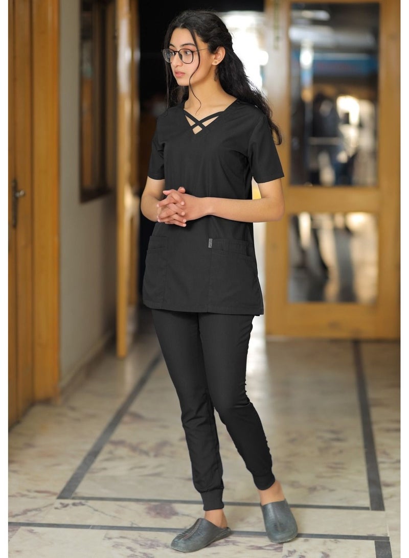 Cross London | medical scrub set | V-neck top overlap and elasticated drawstring pant | nursing uniform suit