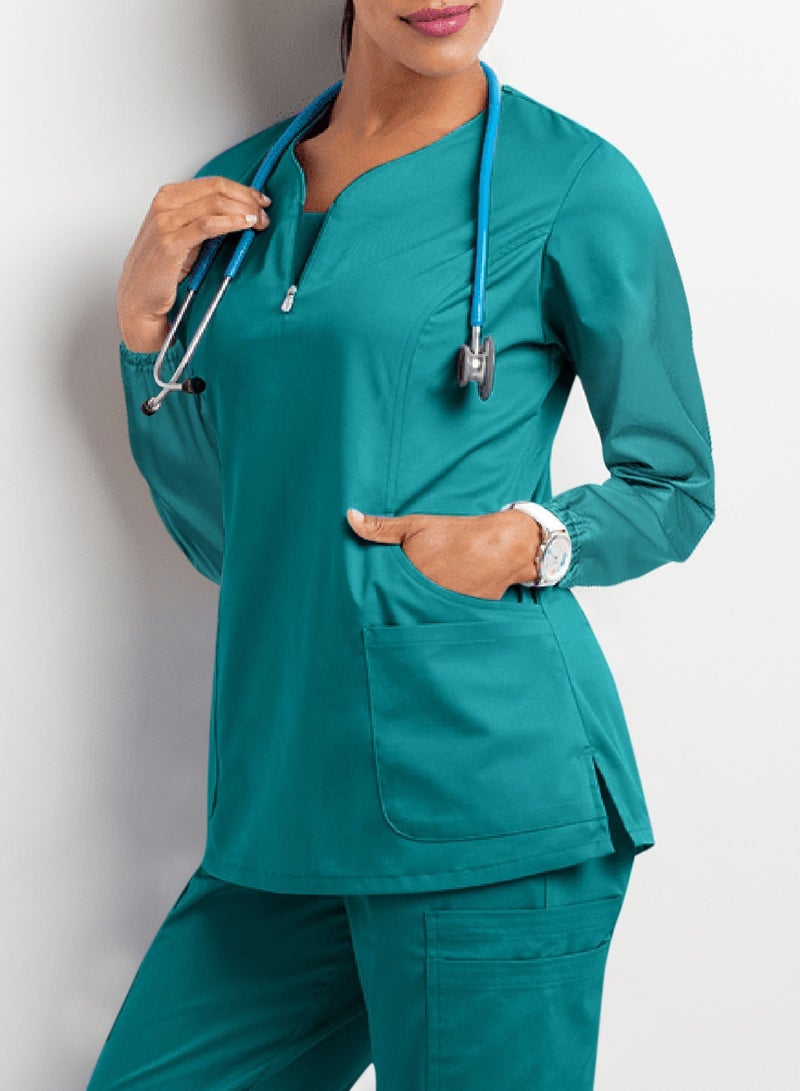 Solid V Neck Medical Scrubs Set，Medical Uniform Stretch Contrast Binding Top