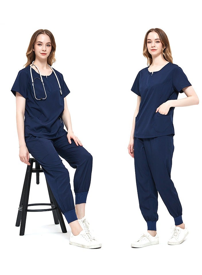 Solid V Neck Medical Scrubs Set，Medical Uniform Stretch Contrast Binding Top and Pants