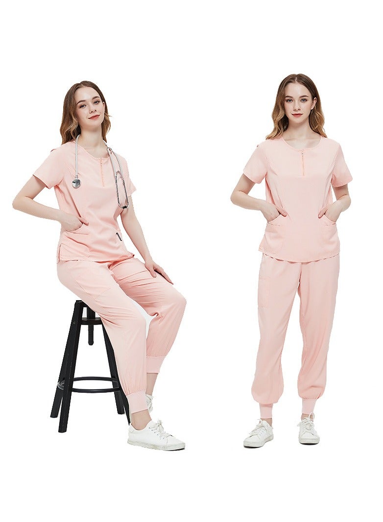 Solid V Neck Medical Scrubs Set，Medical Uniform Stretch Contrast Binding Top and Pants