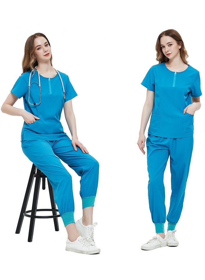 Solid V Neck Medical Scrubs Set，Medical Uniform Stretch Contrast Binding Top and Pants