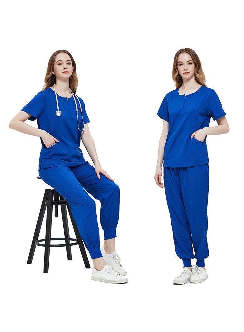 Solid V Neck Medical Scrubs Set，Medical Uniform Stretch Contrast Binding Top and Pants