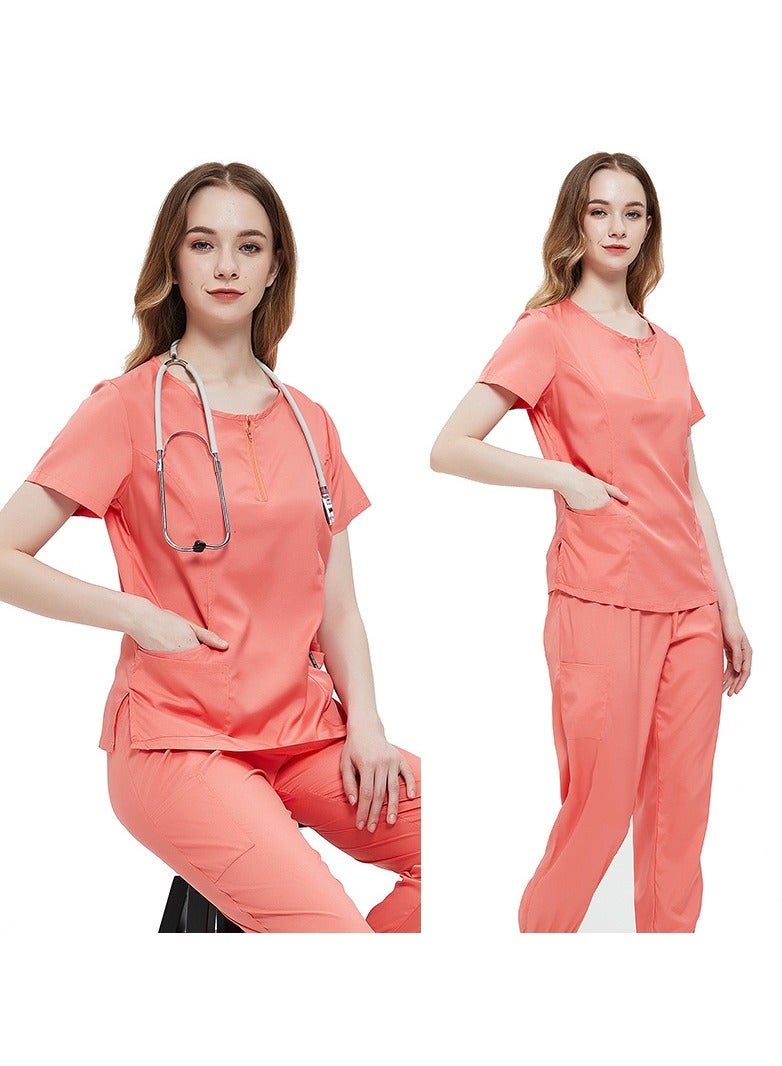 Solid V Neck Medical Scrubs Set，Medical Uniform Stretch Contrast Binding Top and Pants