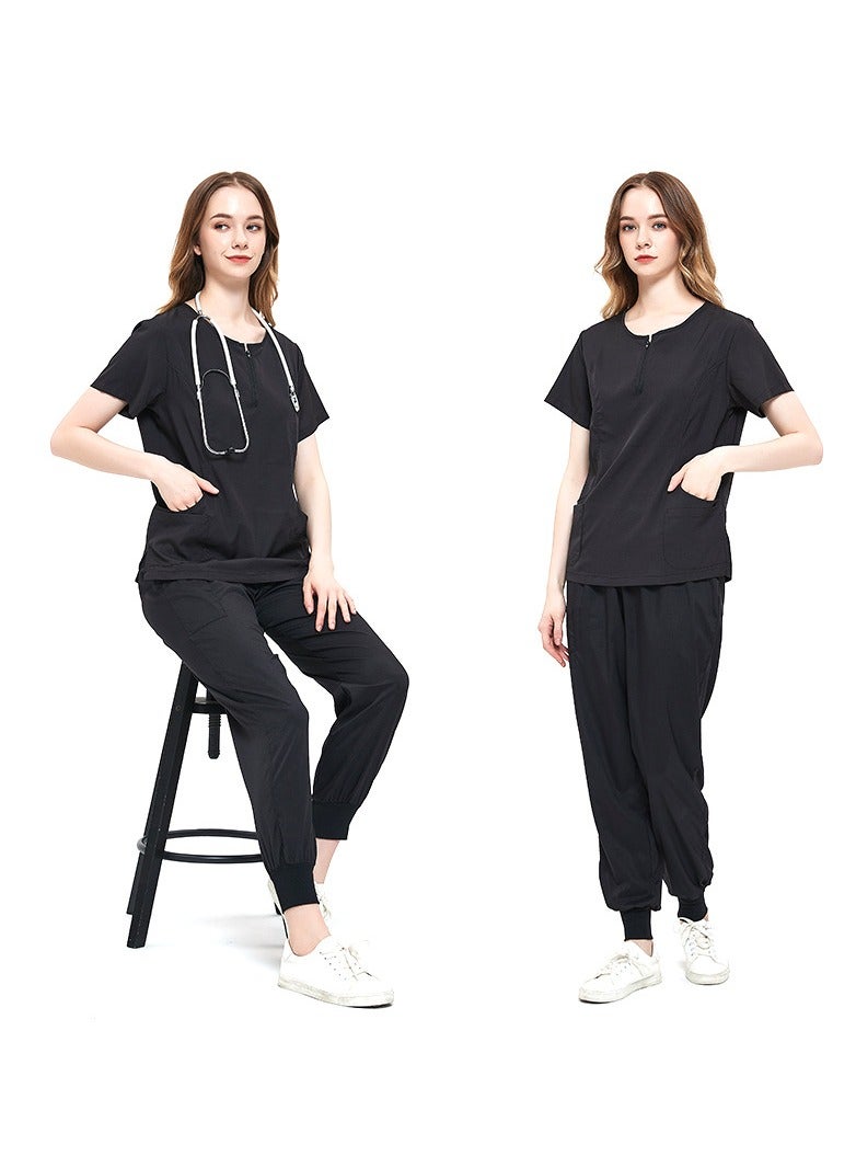 Solid V Neck Medical Scrubs Set，Medical Uniform Stretch Contrast Binding Top and Pants