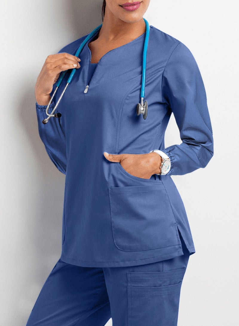 Solid V Neck Medical Scrubs Set，Medical Uniform Stretch Contrast Binding Top