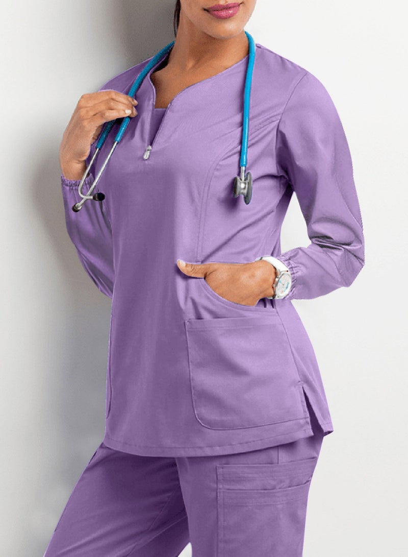 Solid V Neck Medical Scrubs Set，Medical Uniform Stretch Contrast Binding Top