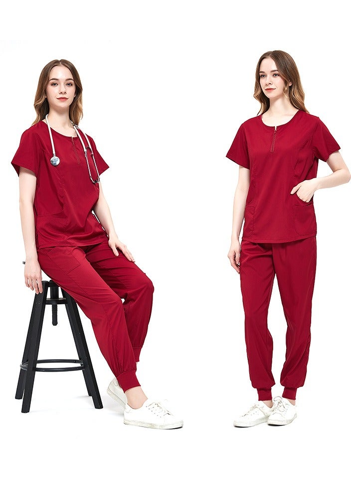 Solid V Neck Medical Scrubs Set，Medical Uniform Stretch Contrast Binding Top and Pants