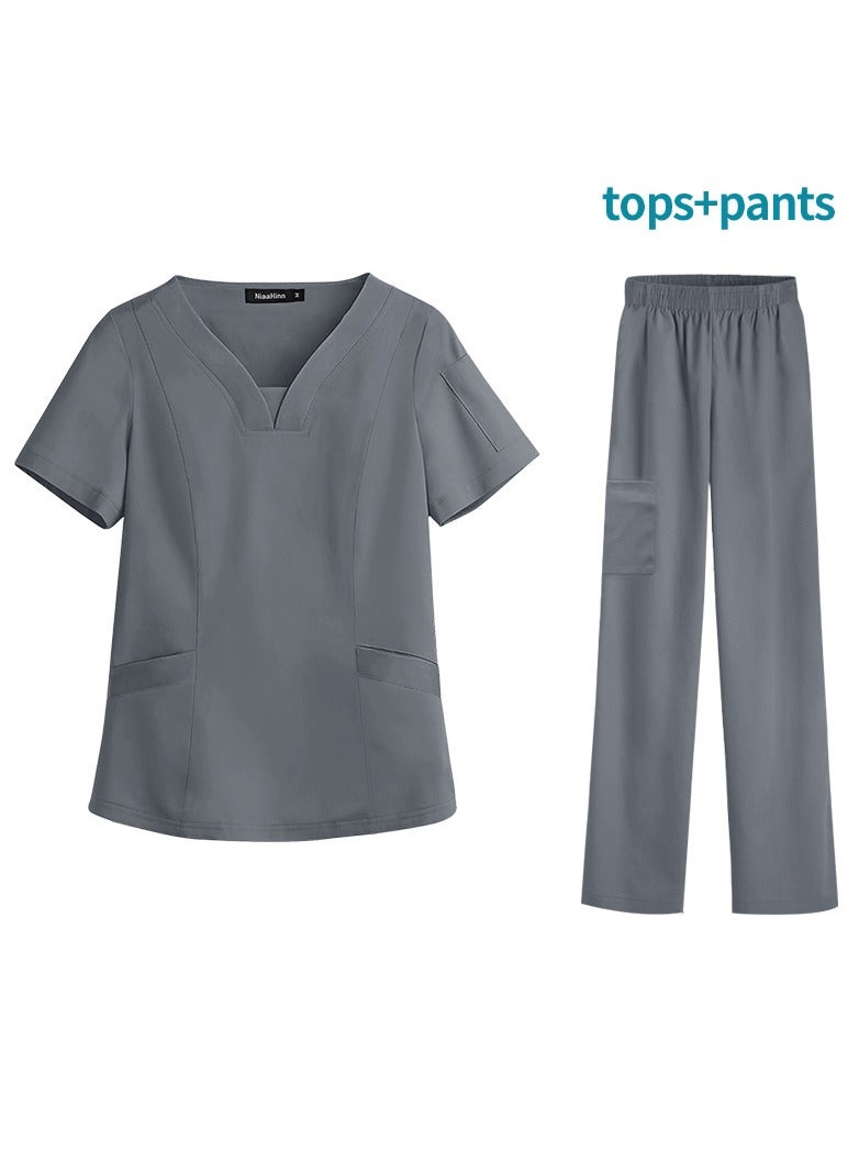 Solid V Neck Medical Scrubs Set，Medical Uniform Stretch Contrast Binding Top and Pants