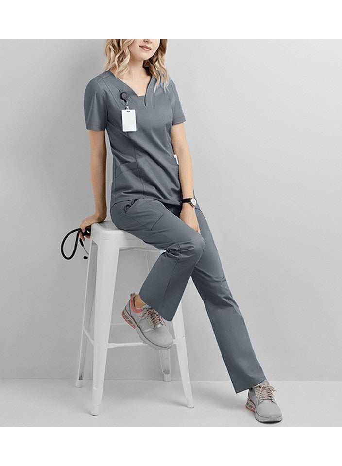 Solid V Neck Medical Scrubs Set，Medical Uniform Stretch Contrast Binding Top and Pants