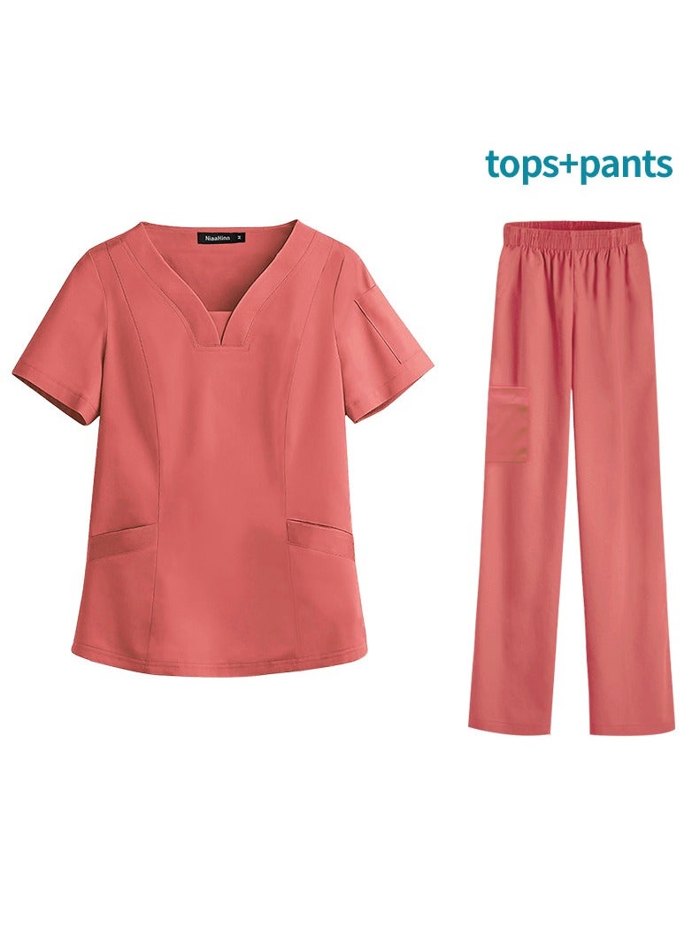 Solid V Neck Medical Scrubs Set，Medical Uniform Stretch Contrast Binding Top and Pants