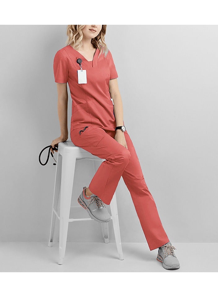 Solid V Neck Medical Scrubs Set，Medical Uniform Stretch Contrast Binding Top and Pants